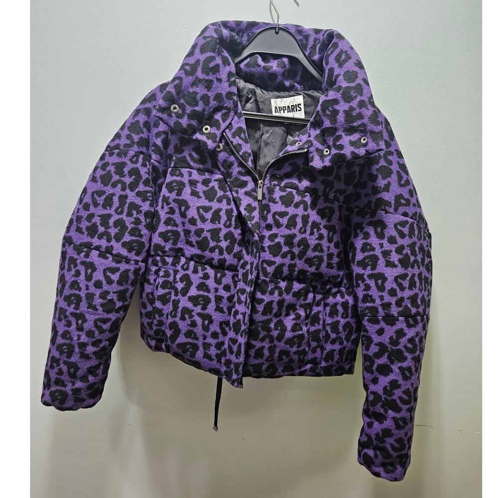 Apparis Paula Purple Leopard Puffer Jacket XS Faux Fur Animal Print